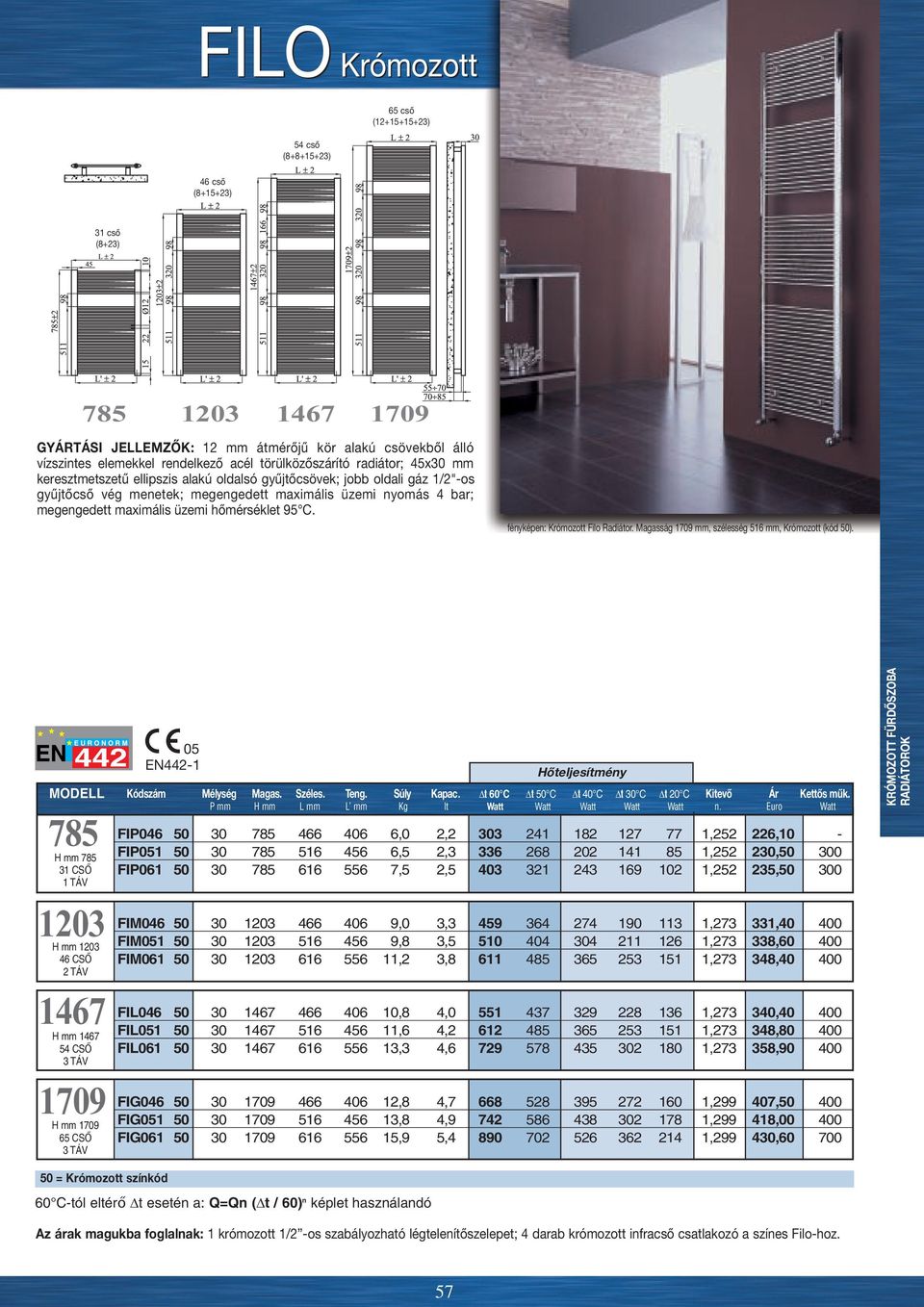 maximális üzemi hőmérséklet 95 C. fényképen: Krómozott Filo Radiátor. Magasság 1709 mm, szélesség 516 mm, Krómozott (kód 50). H mm 785 31 CSŐ 1 TÁV Hőteljesítmény MODELL Kódszám Mélység Magas. Széles.