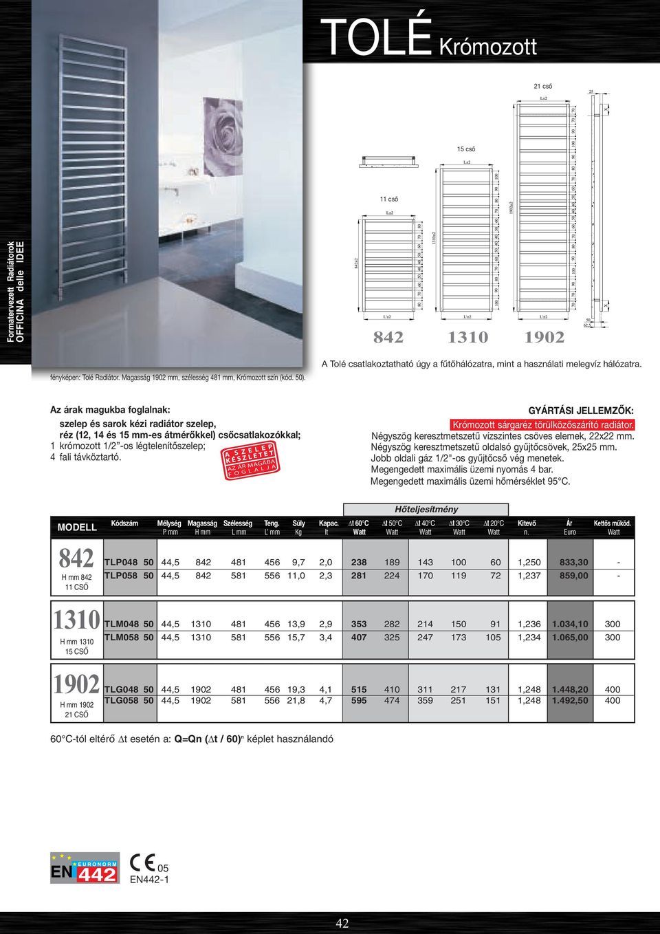 Az árak magukba foglalnak: szelep és sarok kézi radiátor szelep, réz (12, 14 és 15 mm-es átmérőkkel) csőcsatlakozókkal; 1 krómozott 1/2 -os légtelenítőszelep; 4 fali távköztartó.