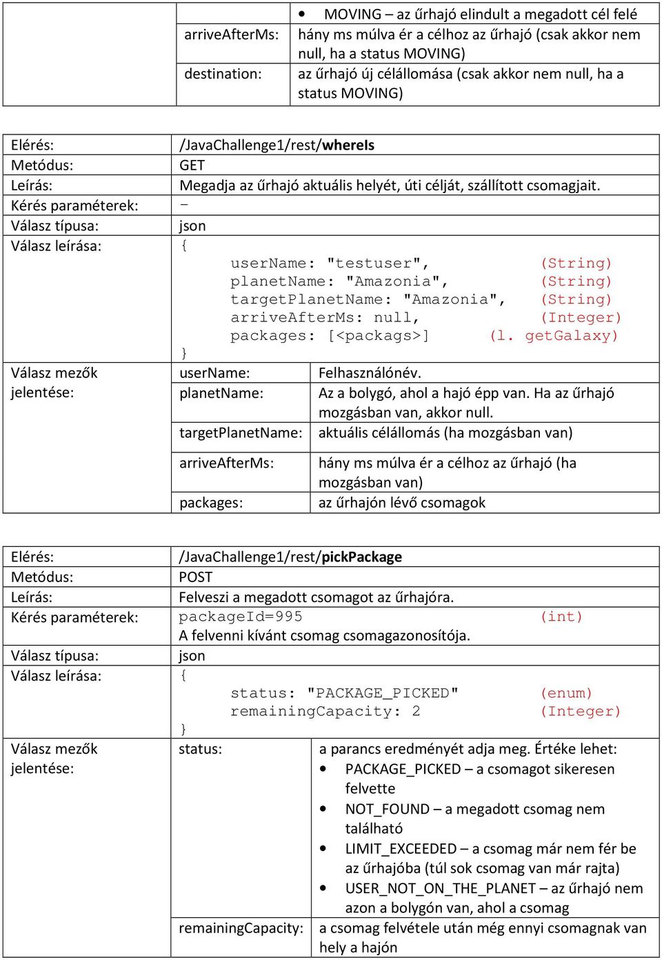 Kérés paraméterek: - username: "testuser", (String) planetname: "Amazonia", (String) targetplanetname: "Amazonia", (String) arriveafterms: null, (Integer) packages: [<packags>] (l.