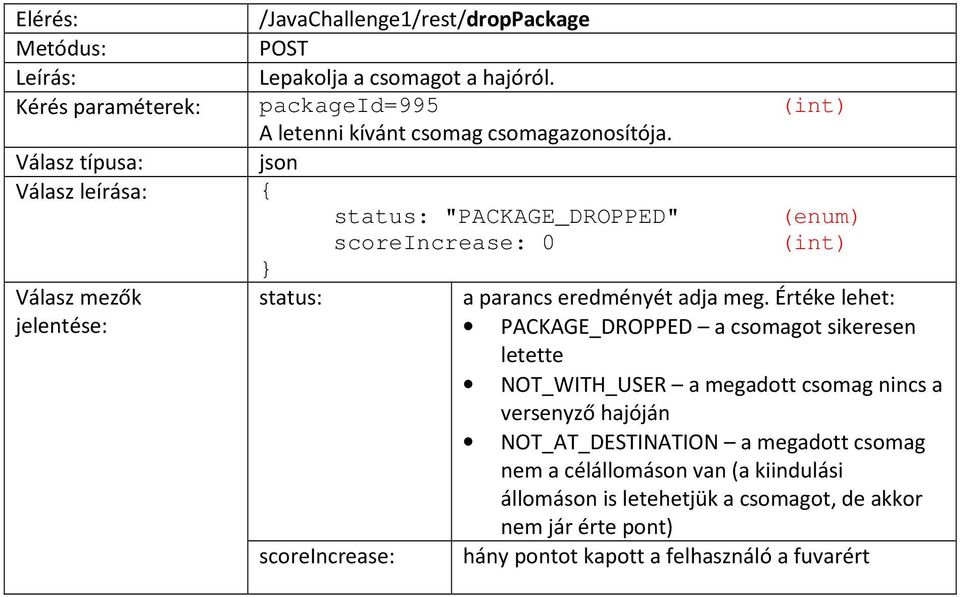 status: "PACKAGE_DROPPED" (enum) scoreincrease: 0 (int) Válasz mezők jelentése: status: a parancs eredményét adja meg.