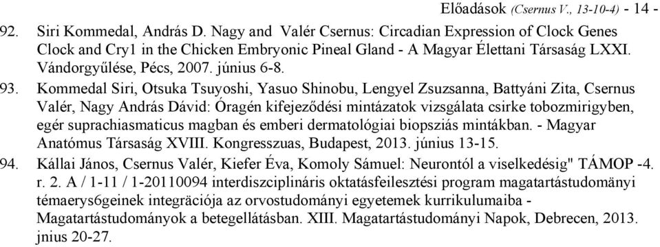 Kommedal Siri, Otsuka Tsuyoshi, Yasuo Shinobu, Lengyel Zsuzsanna, Battyáni Zita, Csernus Valér, Nagy András Dávid: Óragén kifejeződési mintázatok vizsgálata csirke tobozmirigyben, egér