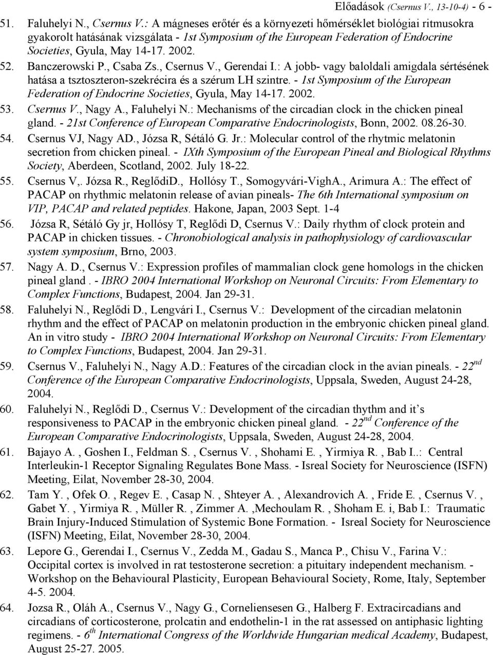Banczerowski P., Csaba Zs., Csernus V., Gerendai I.: A jobb- vagy baloldali amigdala sértésének hatása a tsztoszteron-szekrécira és a szérum LH szintre.