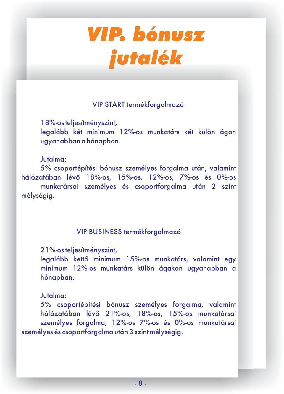 mélységig. VIP BUSINESS termékforgalmazó 21%-os teljesítményszint, legalább kettő minimum 15%-os munkatárs, valamint egy minimum 12%-os munkatárs külön ágakon ugyanabban a hónapban.