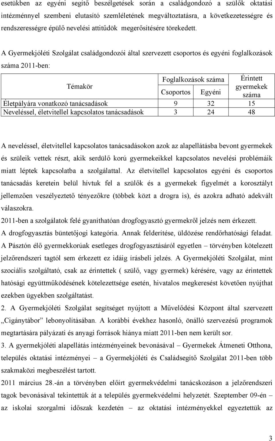 A Gyermekjóléti Szolgálat családgondozói által szervezett csoportos és egyéni foglalkozások száma 2011-ben: Foglalkozások száma Érintett Témakör gyermekek Csoportos Egyéni száma Életpályára vonatkozó