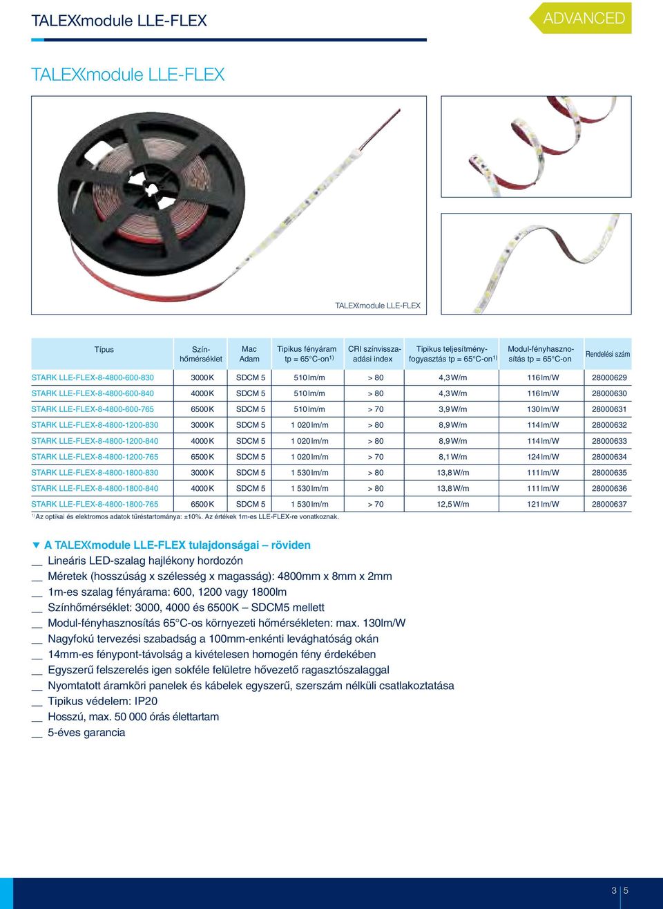 LLE-FLEX-8-4800-600-76 600K SDCM 10lm/m > 70 3,9W/m 130lm/W 28000631 STARK LLE-FLEX-8-4800-1200-830 3000K SDCM 1 020lm/m > 80 8,9W/m 114lm/W 28000632 STARK LLE-FLEX-8-4800-1200-840 4000K SDCM 1