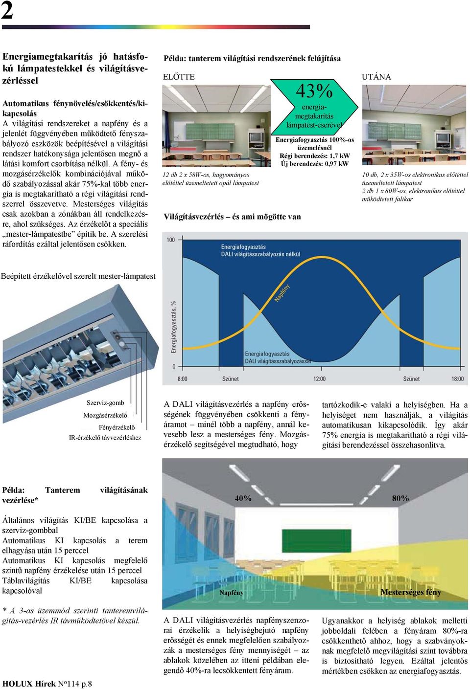 A fény- és mozgásérzékelők kombinációjával működő szabályozással akár 75%-kal több energia is megtakarítható a régi világítási rendszerrel összevetve.