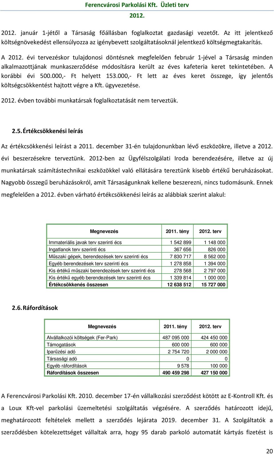 000,- Ft helyett 153.000,- Ft lett az éves keret összege, így jelentős költségcsökkentést hajtott végre a Kft. ügyvezetése. évben további munkatársak foglalkoztatását nem terveztük. 2.5. Értékcsökkenési leírás Az értékcsökkenési leírást a 2011.