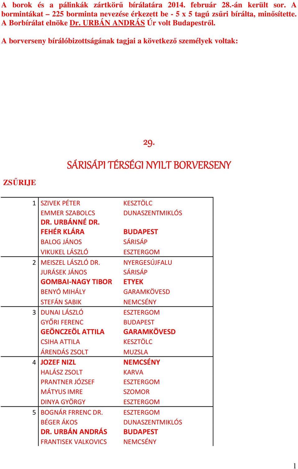 ZSŰRIJE SÁRISÁPI TÉRSÉGI NYILT BORVERSENY 1 SZIVEK PÉTER KESZTÖLC EMMER SZABOLCS DUNASZENTMIKLÓS DR. URBÁNNÉ DR. FEHÉR KLÁRA BUDAPEST BALOG JÁNOS SÁRISÁP VIKUKEL LÁSZLÓ ESZTERGOM 2 MEISZEL LÁSZLÓ DR.