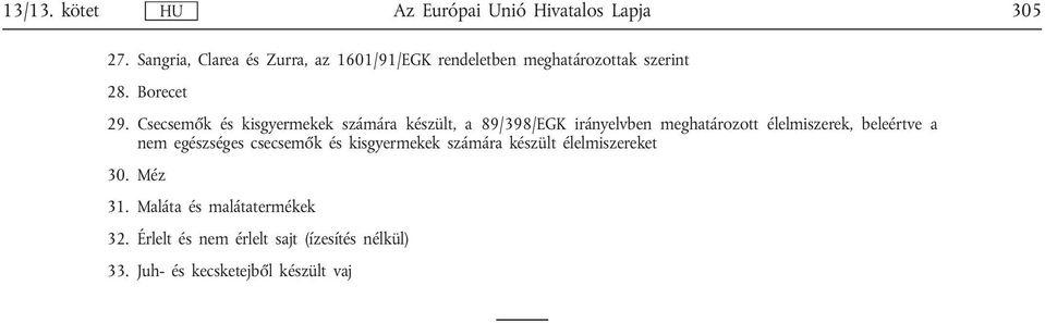 beleértve a nem egészséges csecsemők és kisgyermekek számára készült élelmiszereket 30. Méz 31.