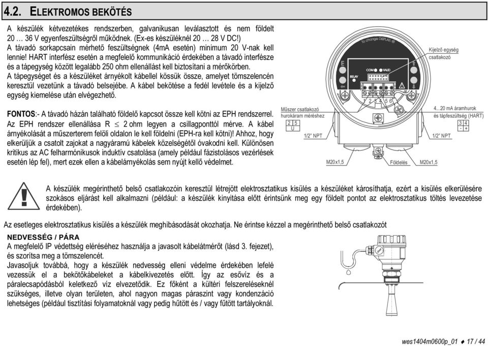 HART interfész esetén a megfelelő kommunikáció érdekében a távadó interfésze és a tápegység között legalább 250 ohm ellenállást kell biztosítani a mérőkörben.