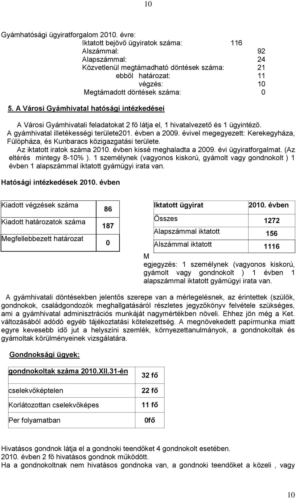 A Városi Gyámhivatal hatósági intézkedései A Városi Gyámhivatali feladatokat 2 fő látja el, 1 hivatalvezető és 1 ügyintéző. A gyámhivatal illetékességi területe201. évben a 2009.