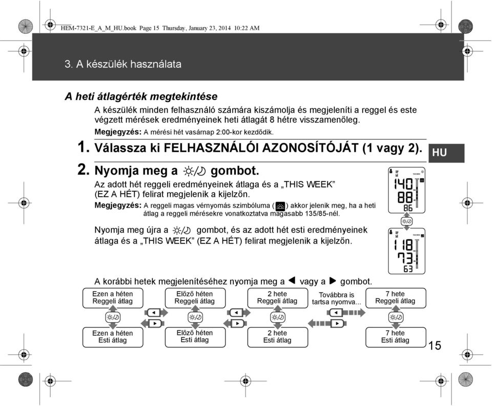 Megjegyzés: A mérési hét vasárnap 2:00-kor kezdődik. 1. Válassza ki FELHASZNÁLÓI AZONOSÍTÓJÁT (1 vagy 2). 2. Nyomja meg a gombot.