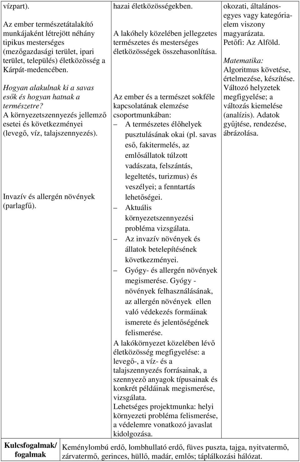 Kulcsfogalmak/ fogalmak hazai életközösségekben. A lakóhely közelében jellegzetes természetes és mesterséges életközösségek összehasonlítása.