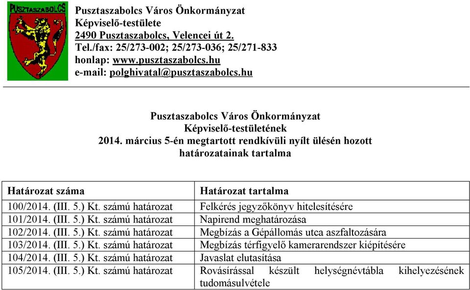 számú határozat Felkérés jegyzőkönyv hitelesítésére 101/2014. (III. 5.) Kt. számú határozat Napirend meghatározása 102/2014. (III. 5.) Kt. számú határozat Megbízás a Gépállomás utca aszfaltozására 103/2014.