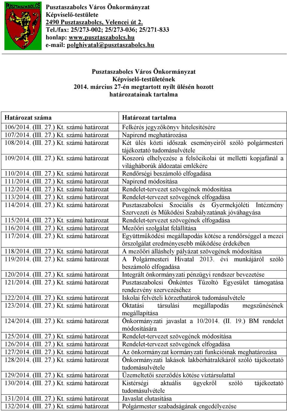 számú határozat Felkérés jegyzőkönyv hitelesítésére 107/2014. (III. 27.) Kt. számú határozat Napirend meghatározása 108/2014. (III. 27.) Kt. számú határozat Két ülés közti időszak eseményeiről szóló polgármesteri tájékoztató tudomásulvétele 109/2014.