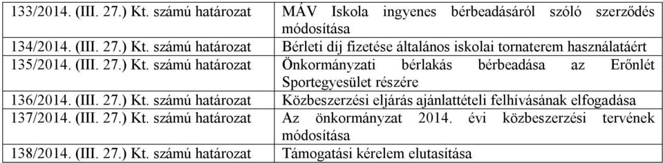 (III. 27.) Kt. számú határozat Az önkormányzat 2014. évi közbeszerzési tervének módosítása 138/2014. (III. 27.) Kt. számú határozat Támogatási kérelem elutasítása