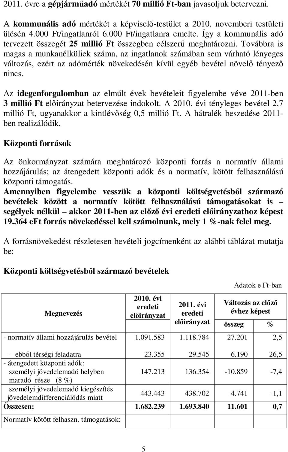 Továbbra is magas a munkanélküliek száma, az ingatlanok számában sem várható lényeges változás, ezért az adómérték növekedésén kívül egyéb bevétel növelő tényező nincs.