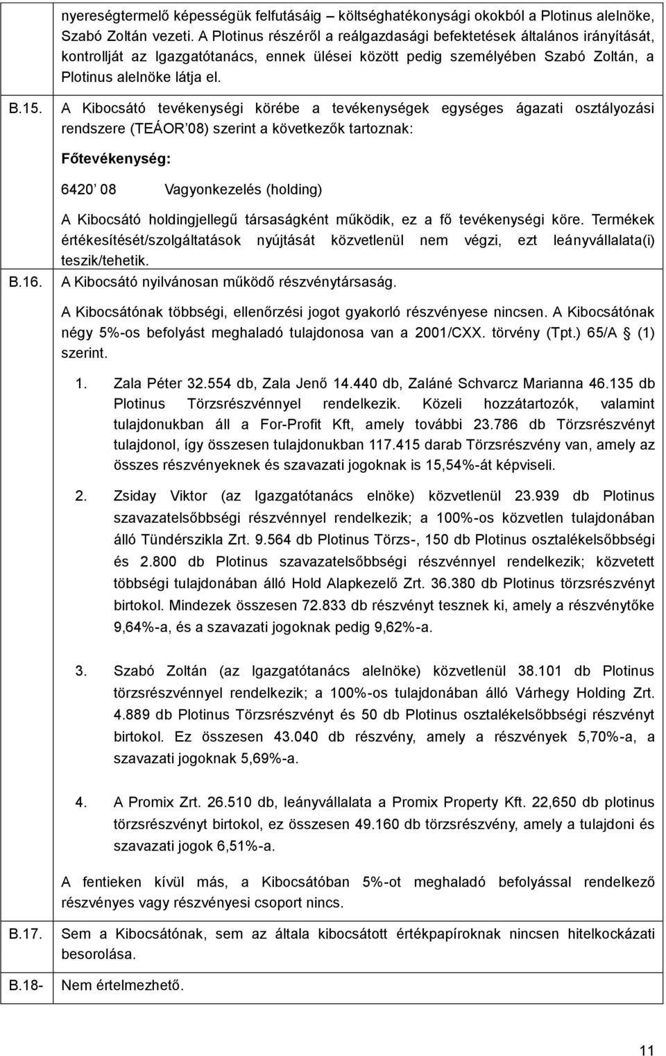 A Kibocsátó tevékenységi körébe a tevékenységek egységes ágazati osztályozási rendszere (TEÁOR 08) szerint a következők tartoznak: Főtevékenység: 6420 08 Vagyonkezelés (holding) B.16.