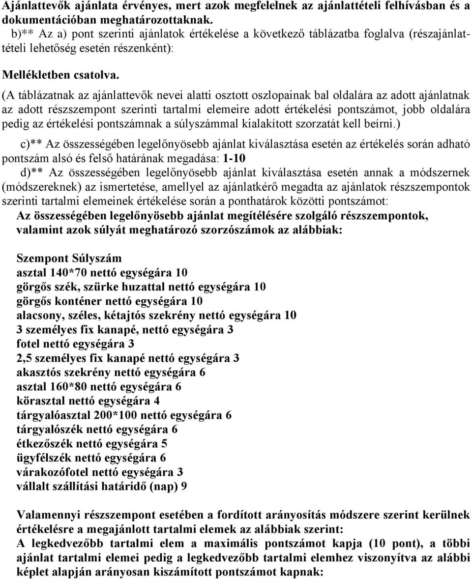 (A táblázatnak az ajánlattevők nevei alatti osztott oszlopainak bal oldalára az adott ajánlatnak az adott részszempont szerinti tartalmi elemeire adott értékelési pontszámot, jobb oldalára pedig az