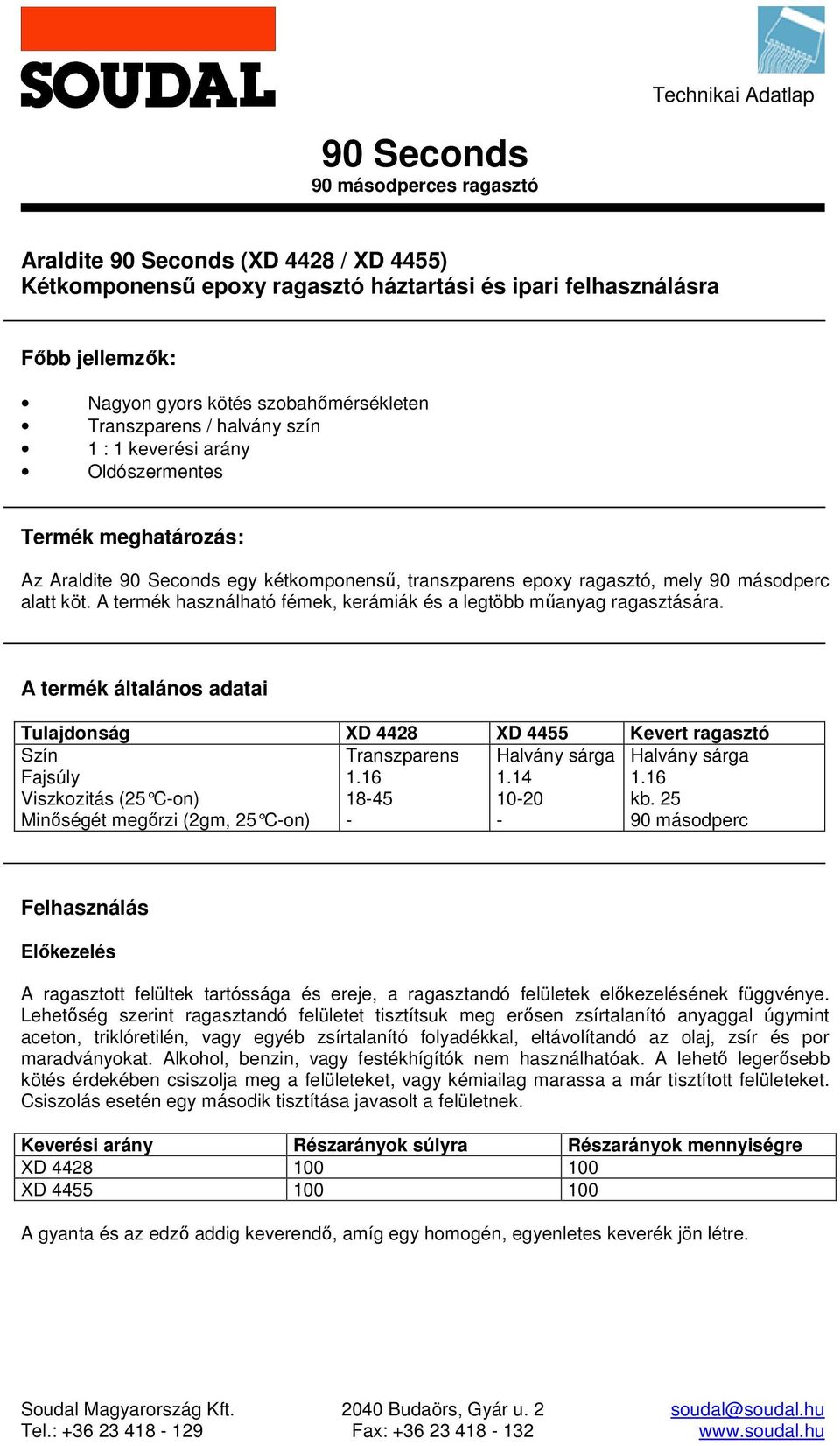 A termék általános adatai Tulajdonság XD 4428 XD 44 Kevert ragasztó Szín Transzparens Halvány sárga Halvány sárga Fajsúly Viszkozitás (2 Con) Minőségét megőrzi (2gm, 2 Con) 1.16 184 1.14 1020 1.16 kb.