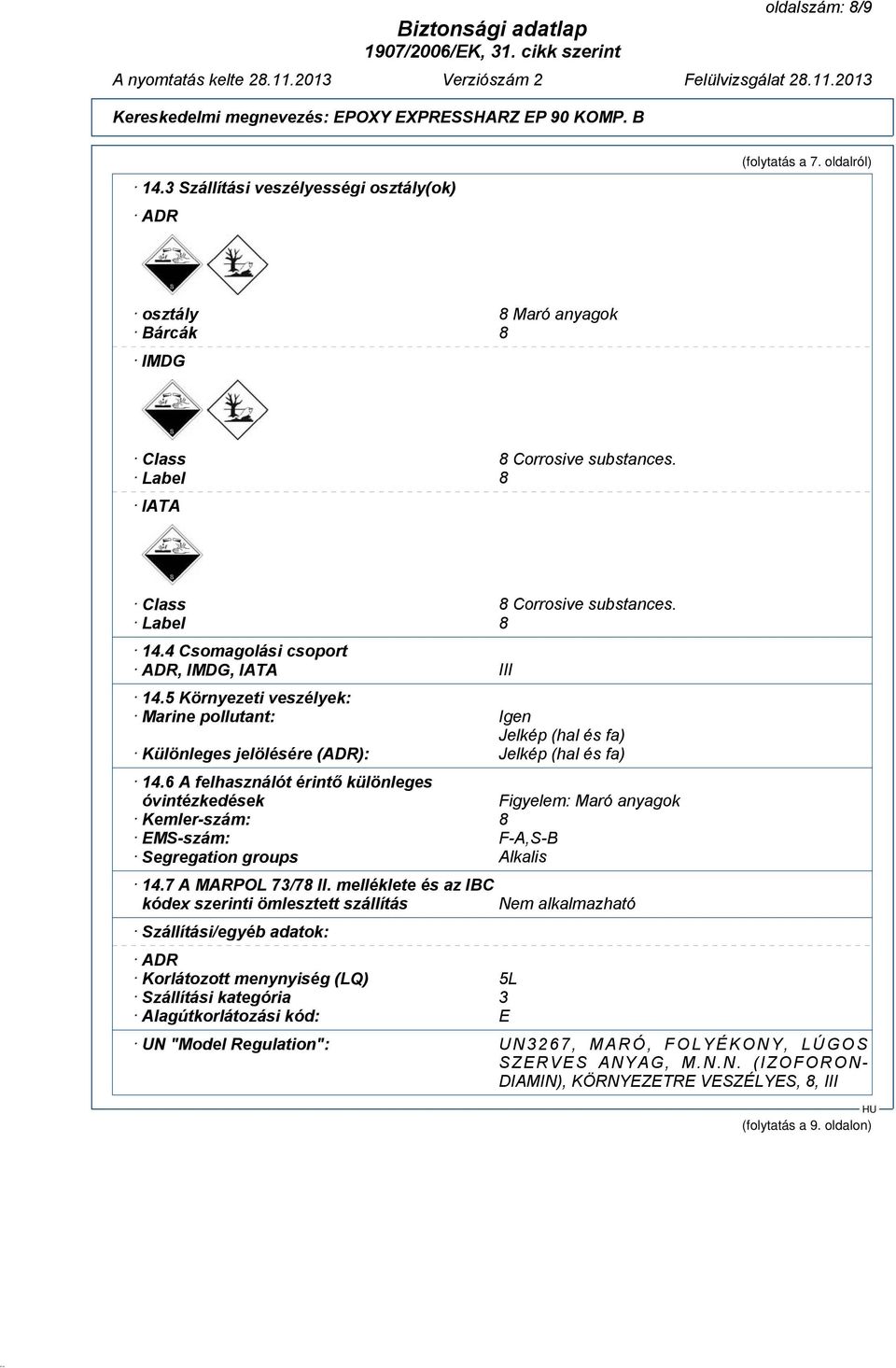 6 A felhasználót érintő különleges óvintézkedések Figyelem: Maró anyagok Kemler-szám: 8 EMS-szám: F-A,S-B Segregation groups Alkalis 14.7 A MARPOL 73/78 II.