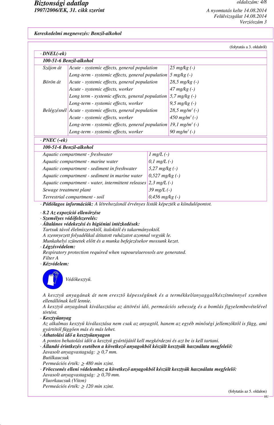 Acute - systemic effects, general population 28,5 mg/m 3 (-) Acute - systemic effects, worker 450 mg/m 3 (-) Long-term - systemic effects, general population 19,1 mg/m 3 (-) Long-term - systemic