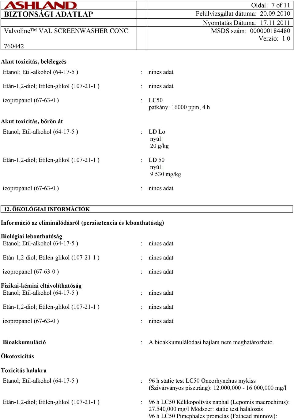 ÖKOLÓGIAI INFORMÁCIÓK Információ az eliminálódásról (perzisztencia és lebonthatóság) Biológiai lebonthatóság Etanol; Etil-alkohol (64-17-5 ) : Etán-1,2-diol; Etilén-glikol (107-21-1 ) : izopropanol