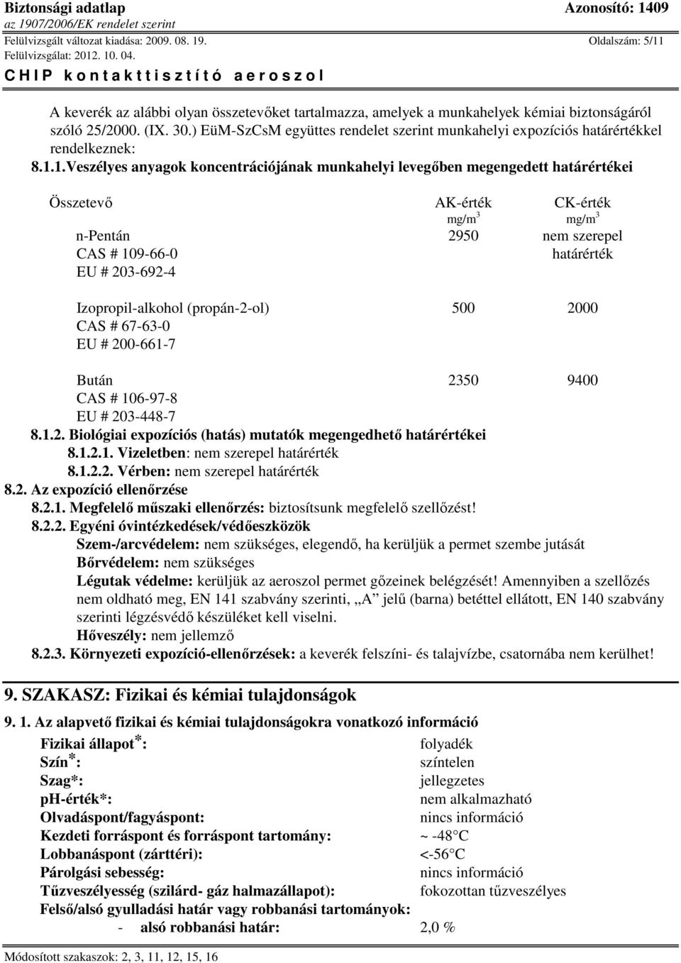 1.Veszélyes anyagok koncentrációjának munkahelyi levegőben megengedett határértékei Összetevő AK-érték CK-érték mg/m 3 mg/m 3 2950 nem szerepel CAS # 109-66-0 határérték EU # 203-692-4 500 2000 CAS #