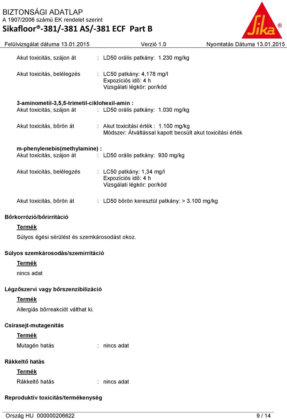 030 mg/kg Akut toxicitás, bőrön át : Akut toxicitási érték : 1.