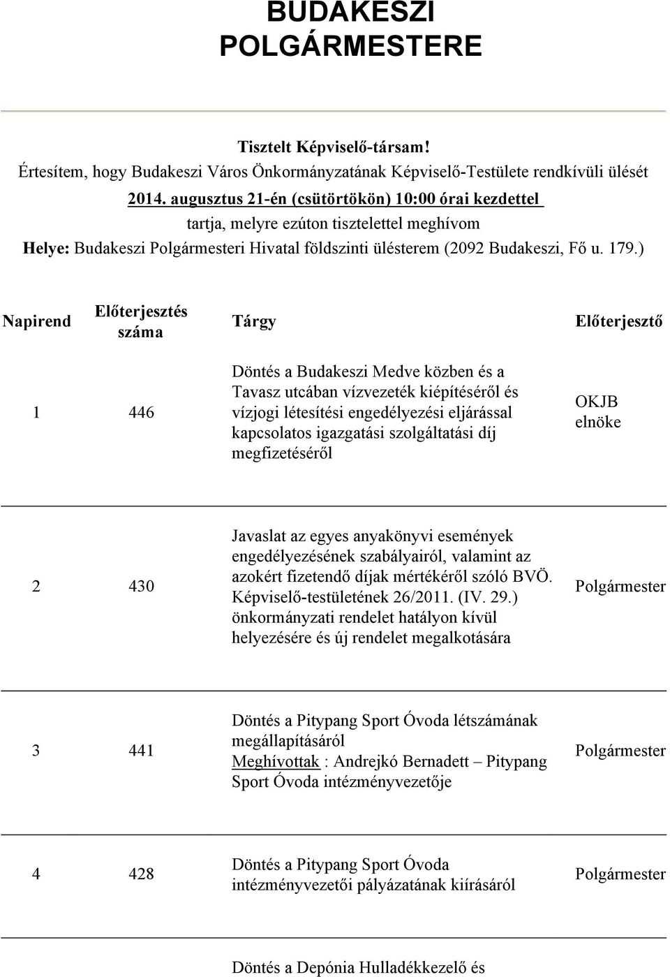 ) Napirend Előterjesztés száma Tárgy Előterjesztő 1 446 Döntés a Budakeszi Medve közben és a Tavasz utcában vízvezeték kiépítéséről és vízjogi létesítési engedélyezési eljárással kapcsolatos