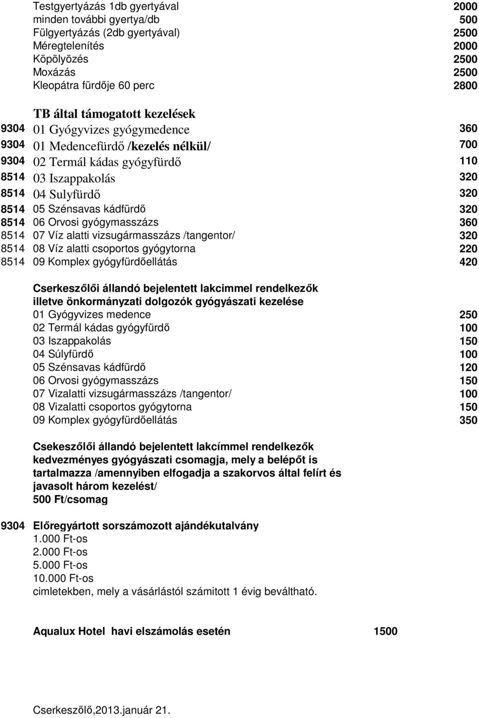 kádfürdő 320 8514 06 Orvosi gyógymasszázs 360 8514 07 Víz alatti vizsugármasszázs /tangentor/ 320 8514 08 Víz alatti csoportos gyógytorna 220 8514 09 Komplex gyógyfürdőellátás 420 Cserkeszőlői