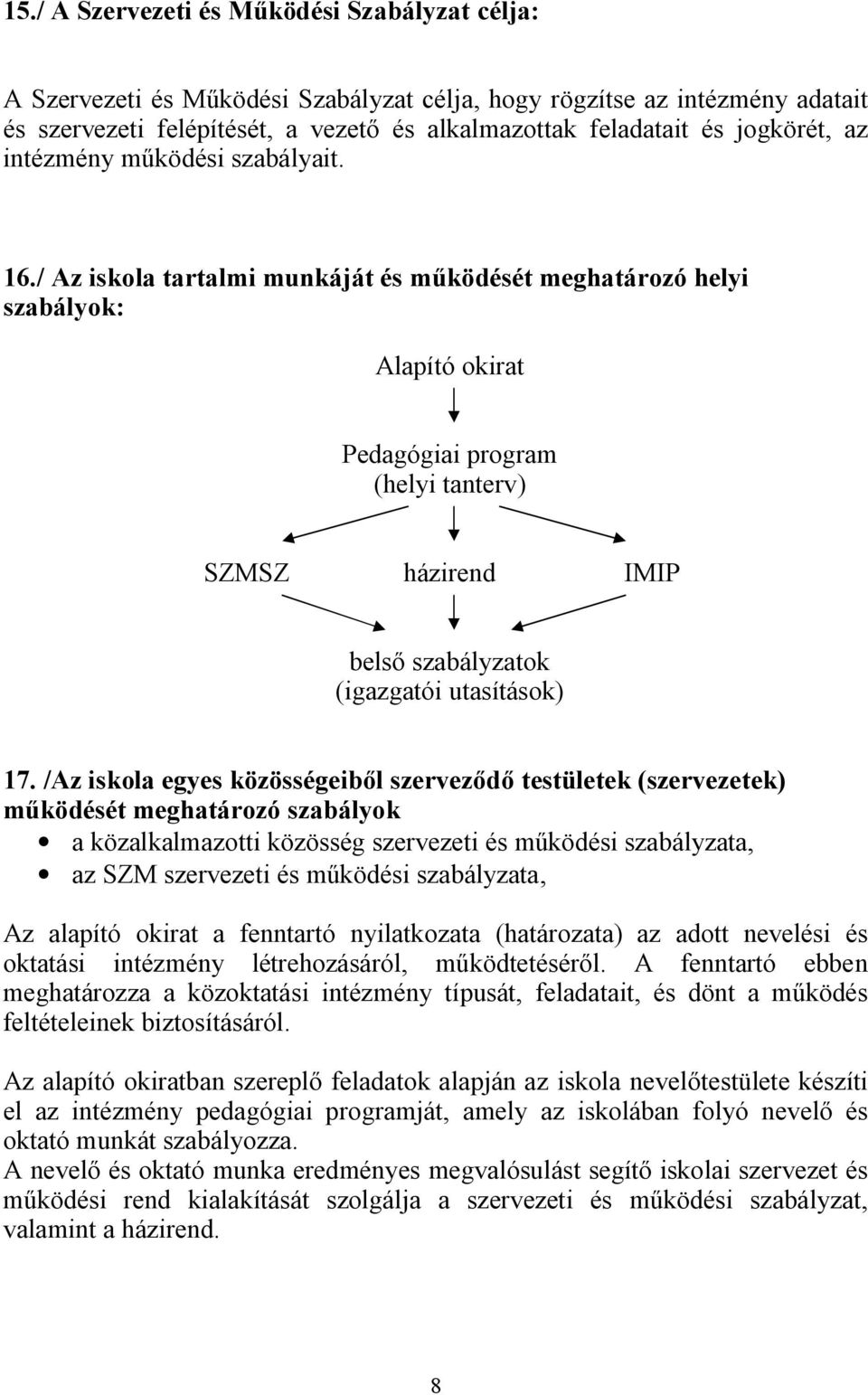 / Az iskola tartalmi munkáját és m ködését meghatározó helyi szabályok: Alapító okirat Pedagógiai program (helyi tanterv) SZMSZ házirend IMIP bels szabályzatok (igazgatói utasítások) 17.