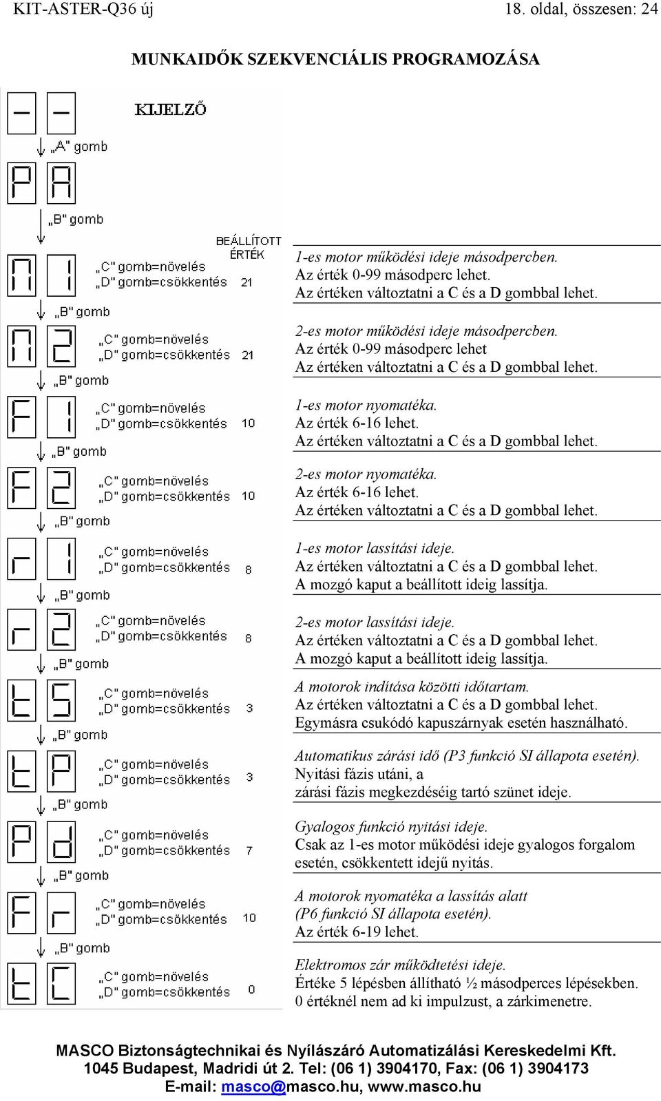 Az értéken változtatni a C és a D gombbal lehet. 2-es motor nyomatéka. Az érték 6-16 lehet. Az értéken változtatni a C és a D gombbal lehet. 1-es motor lassítási ideje.