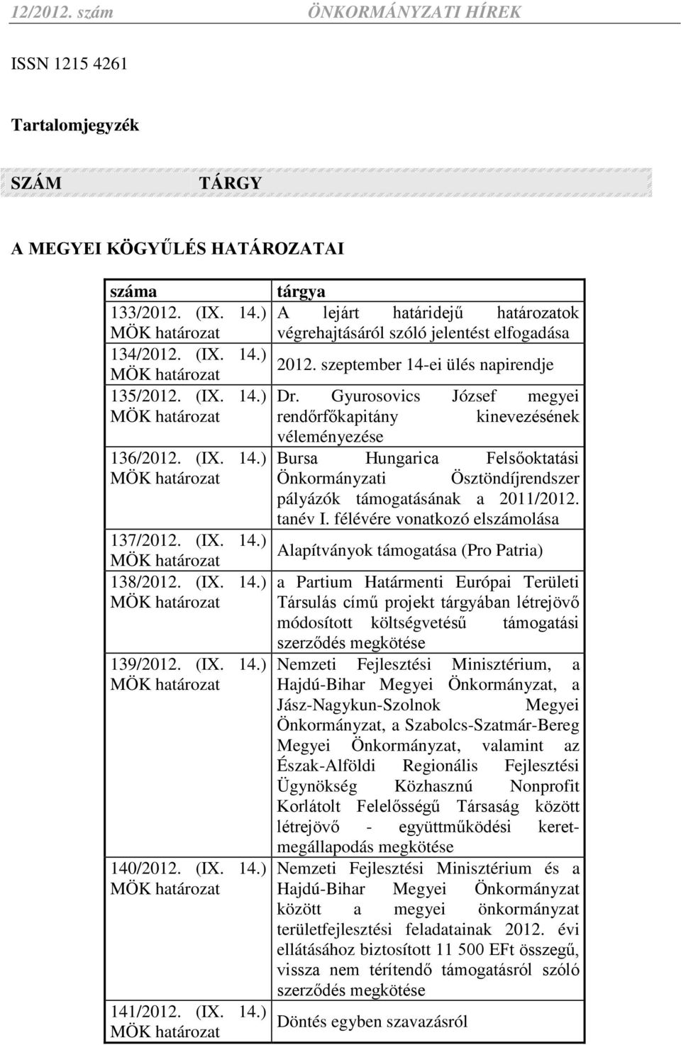 Gyurosovics József megyei rendőrfőkapitány kinevezésének véleményezése Bursa Hungarica Felsőoktatási Önkormányzati Ösztöndíjrendszer pályázók támogatásának a 2011/2012. tanév I.