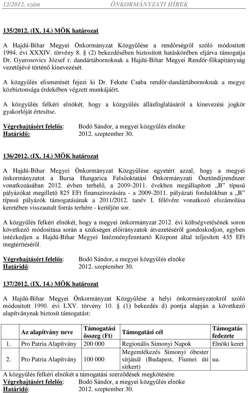 Fekete Csaba rendőr-dandártábornoknak a megye közbiztonsága érdekében végzett munkájáért. A közgyűlés felkéri elnökét, hogy a közgyűlés állásfoglalásáról a kinevezési jogkör gyakorlóját értesítse.