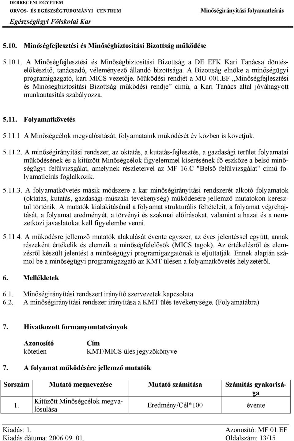 EF Minőségfejlesztési és Minőségbiztosítási Bizottság működési rendje című, a Kari Tanács által jóváhagyott munkautasítás szabályozza. 5.11.