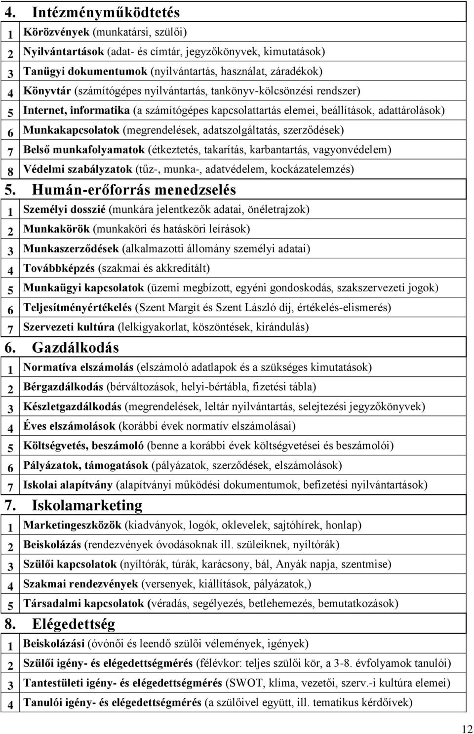 adatszolgáltatás, szerződések) 7 Belső munkafolyamatok (étkeztetés, takarítás, karbantartás, vagyonvédelem) 8 Védelmi szabályzatok (tűz-, munka-, adatvédelem, kockázatelemzés) 5.