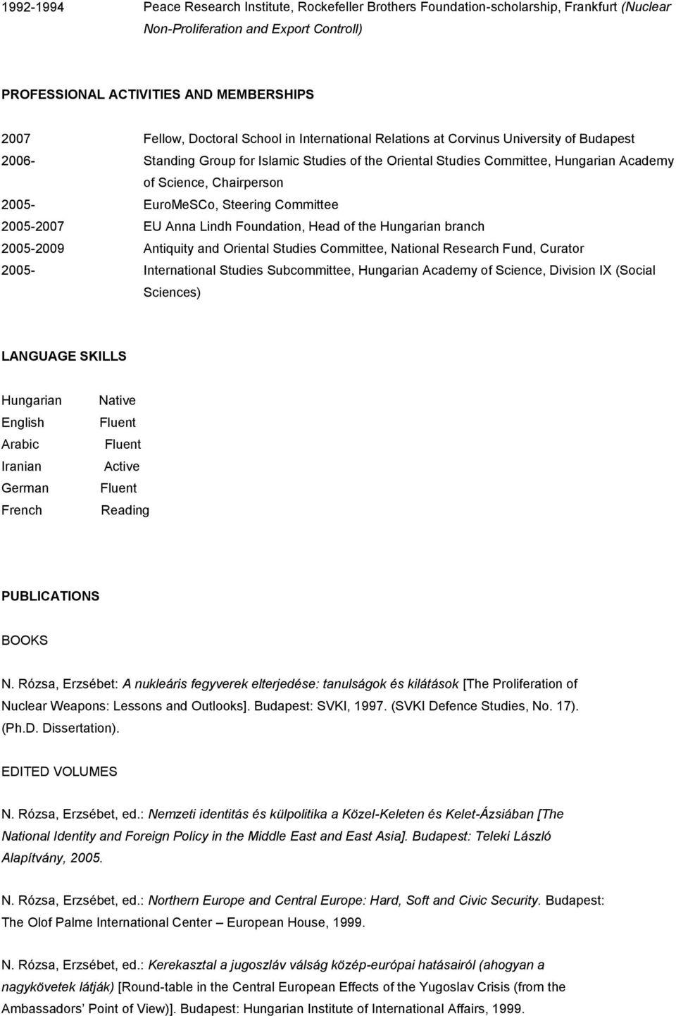 2005- EuroMeSCo, Steering Committee 2005-2007 EU Anna Lindh Foundation, Head of the Hungarian branch 2005-2009 Antiquity and Oriental Studies Committee, National Research Fund, Curator 2005-