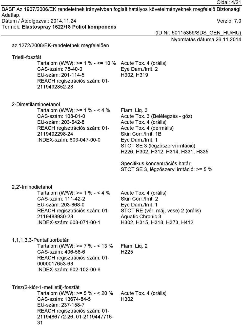 2 H302, H319 2-Dimetilaminoetanol Tartalom (W/W): >= 1 % - < 4 % CAS-szám: 108-01-0 EU-szám: 203-542-8 REACH regisztrációs szám: 01-2119492298-24 INDEX-szám: 603-047-00-0 Flam. Liq. 3 Acute Tox.