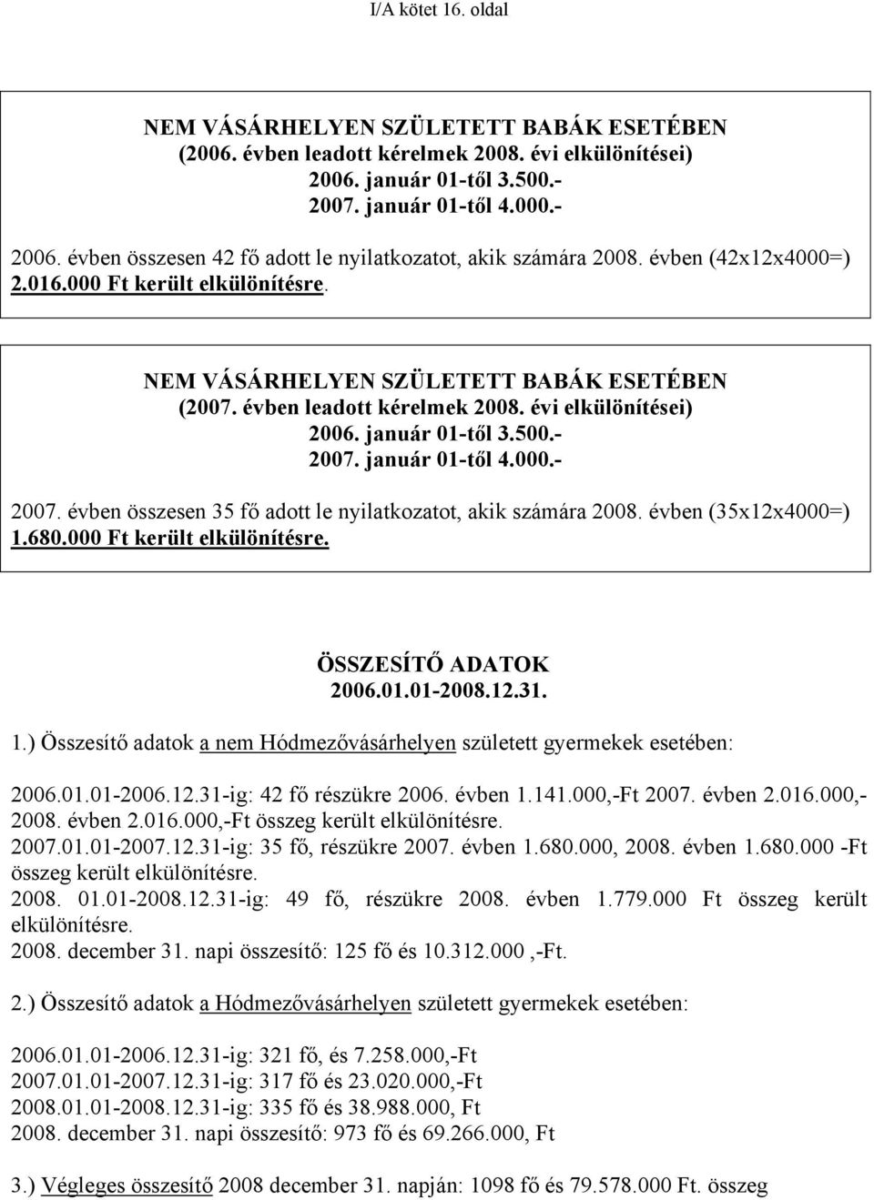 évi elkülönítései) 2006. január 01-től 3.500.- 2007. január 01-től 4.000.- 2007. évben összesen 35 fő adott le nyilatkozatot, akik számára 2008. évben (35x12x4000=) 1.680.000 Ft került elkülönítésre.