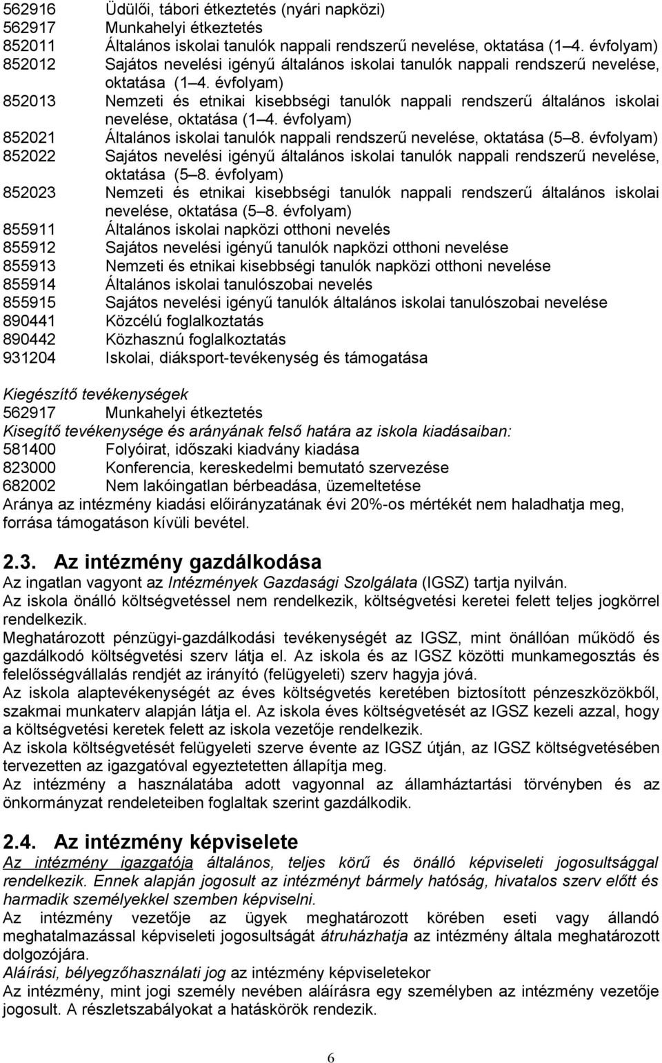 évflyam) 852013 Nemzeti és etnikai kisebbségi tanulók nappali rendszerű általáns isklai nevelése, ktatása (1 4. évflyam) 852021 Általáns isklai tanulók nappali rendszerű nevelése, ktatása (5 8.