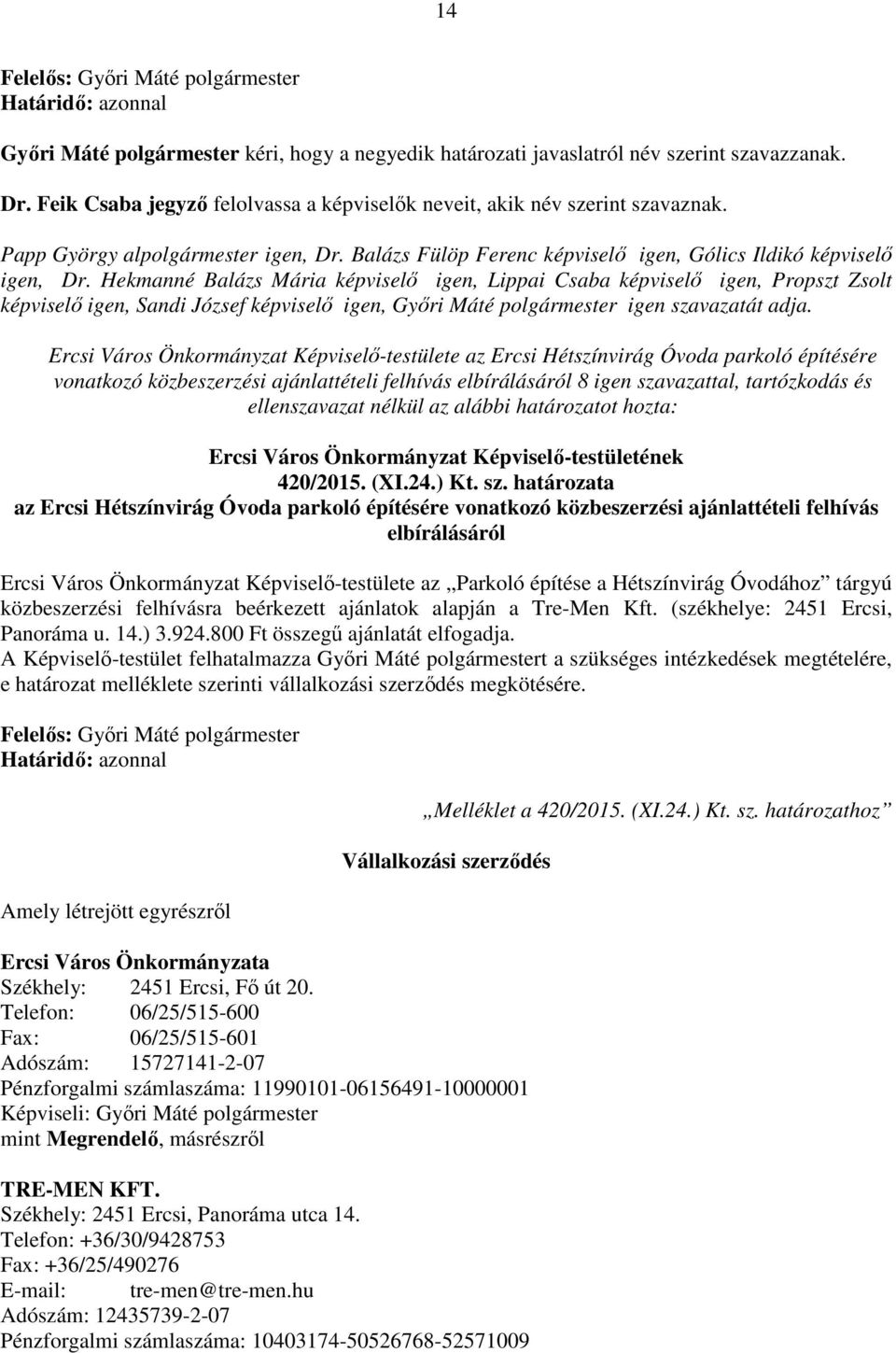 Hekmanné Balázs Mária képviselő igen, Lippai Csaba képviselő igen, Propszt Zsolt képviselő igen, Sandi József képviselő igen, Győri Máté polgármester igen szavazatát adja.