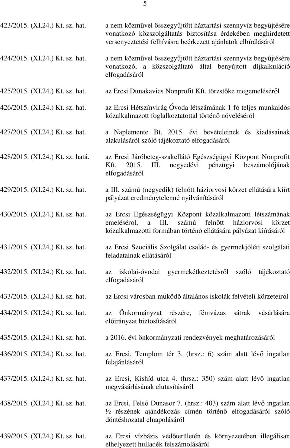 24.) Kt. sz. hat. a nem közművel összegyűjtött háztartási szennyvíz begyűjtésére vonatkozó, a közszolgáltató által benyújtott díjkalkuláció elfogadásáról 425/2015. (XI.24.) Kt. sz. hat. az Ercsi Dunakavics Nonprofit Kft.