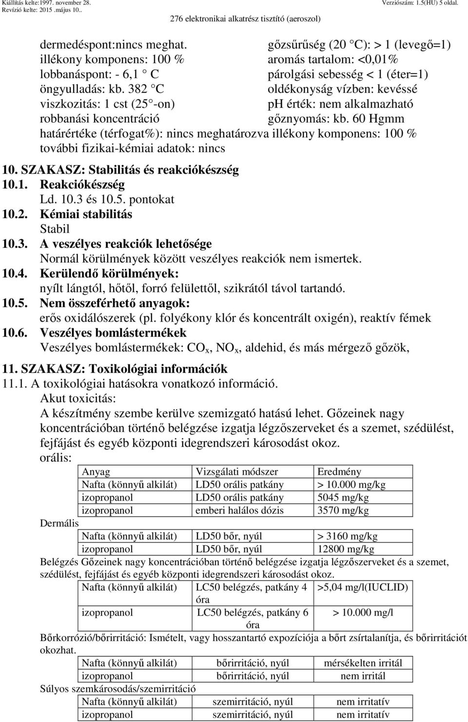 382 C oldékonyság vízben: kevéssé viszkozitás: 1 cst (25 -on) ph érték: nem alkalmazható robbanási koncentráció gőznyomás: kb.