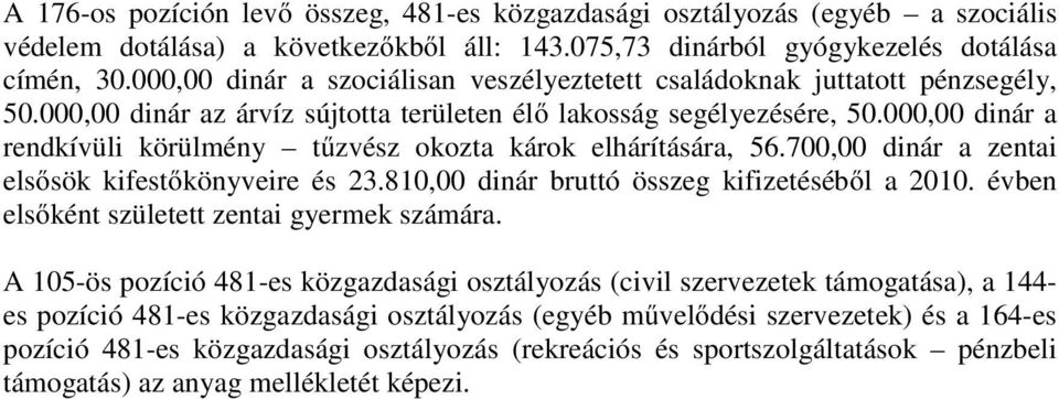 000,00 dinár a rendkívüli körülmény tűzvész okozta károk elhárítására, 56.700,00 dinár a zentai elsősök kifestőkönyveire és 23.810,00 dinár bruttó összeg kifizetéséből a 2010.