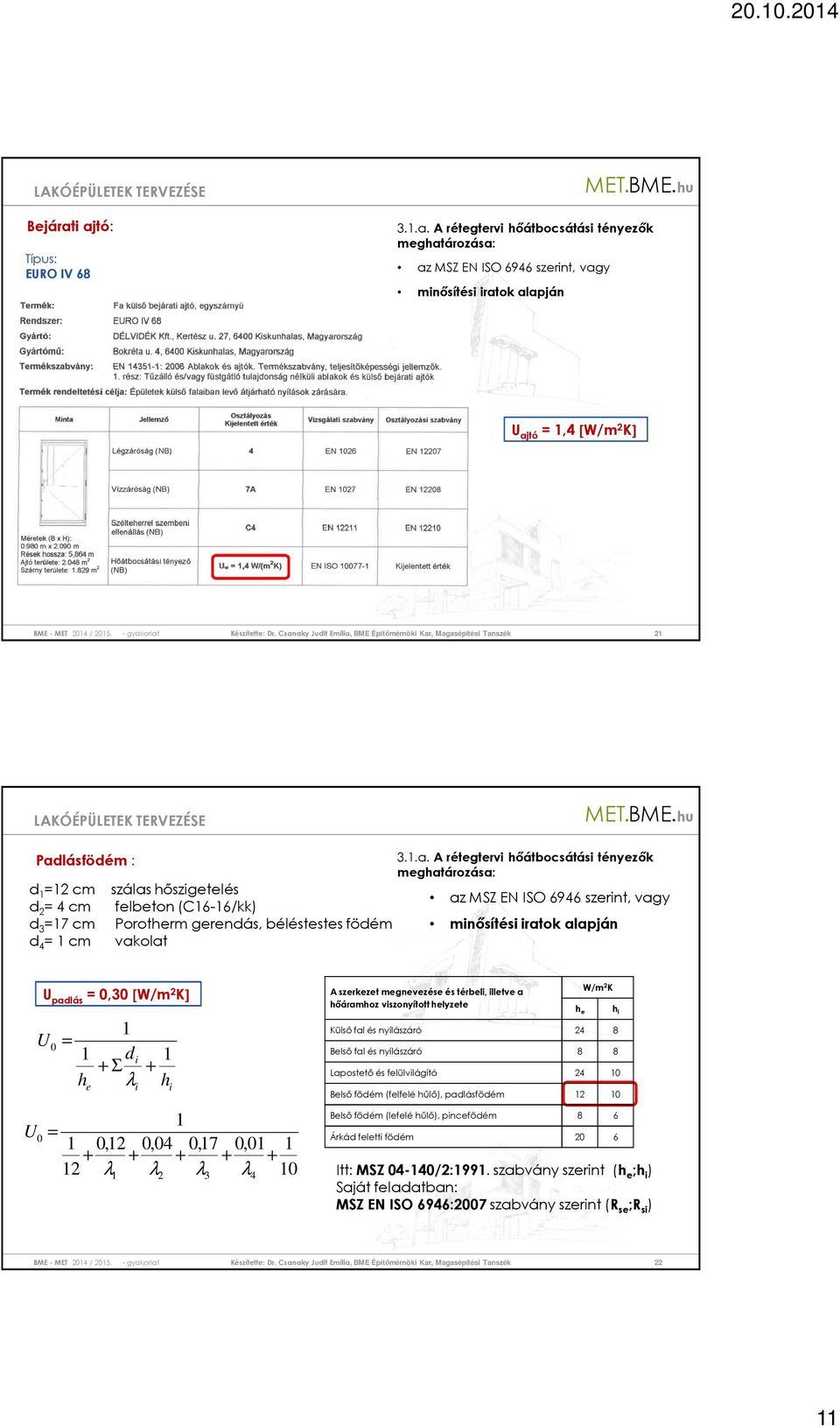 Csanaky Judit Emília, BME Építőmérnöki Kar, Magasépítési Tanszék 2121 Padlásfödém : d 1 =12 cm szálas hőszigetelés d 2 = 4 cm felbeton (C16-16/kk) d 3 =17 cm Porotherm gerendás, béléstestes födém d 4