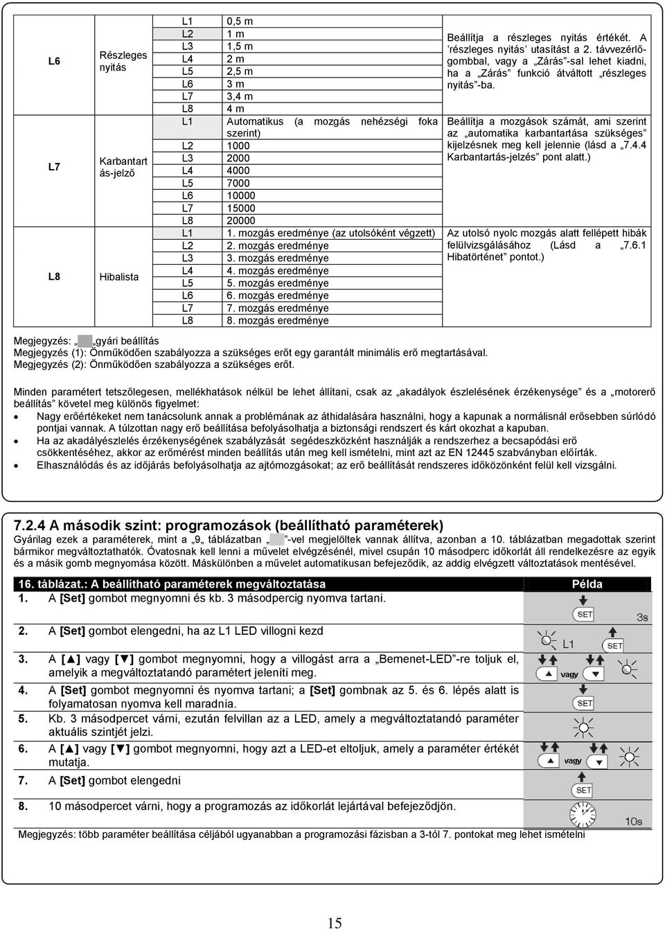 L7 3,4 m L8 4 m L1 Automatikus (a mozgás nehézségi foka Beállítja a mozgások számát, ami szerint szerint) az automatika karbantartása szükséges L2 1000 kijelzésnek meg kell jelennie (lásd a 7.4.4 L3 2000 Karbantartás-jelzés pont alatt.