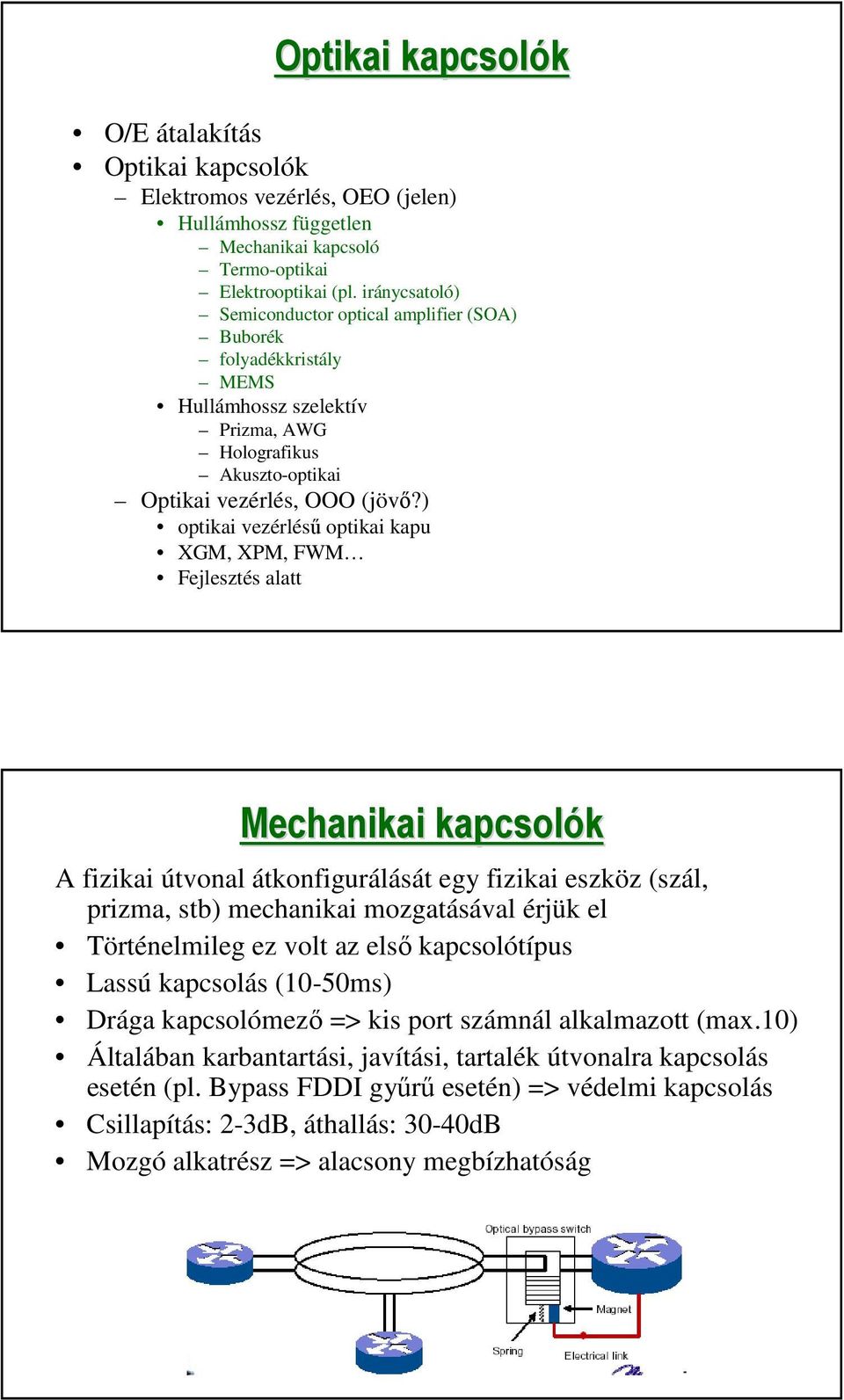 ) optikai vezérlésű optikai kapu XGM, XPM, FWM Fejlesztés alatt Mechanikai kapcsolók A fizikai útvonal átkonfigurálását egy fizikai eszköz (szál, prizma, stb) mechanikai mozgatásával érjük el