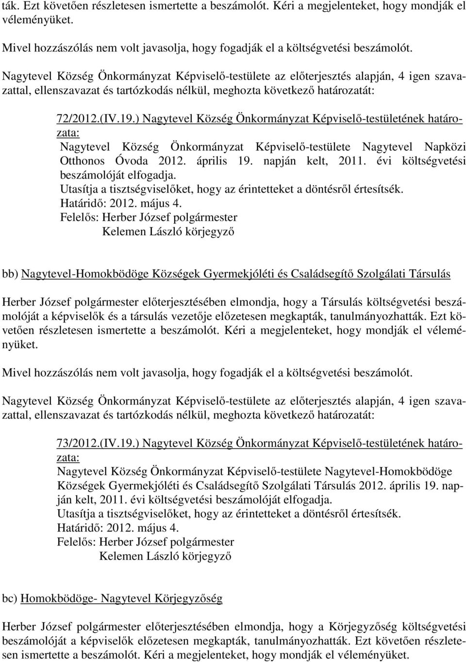 ) Nagytevel Község Önkormányzat Képviselő-testületének határozata: Nagytevel Község Önkormányzat Képviselő-testülete Nagytevel Napközi Otthonos Óvoda 2012. április 19. napján kelt, 2011.