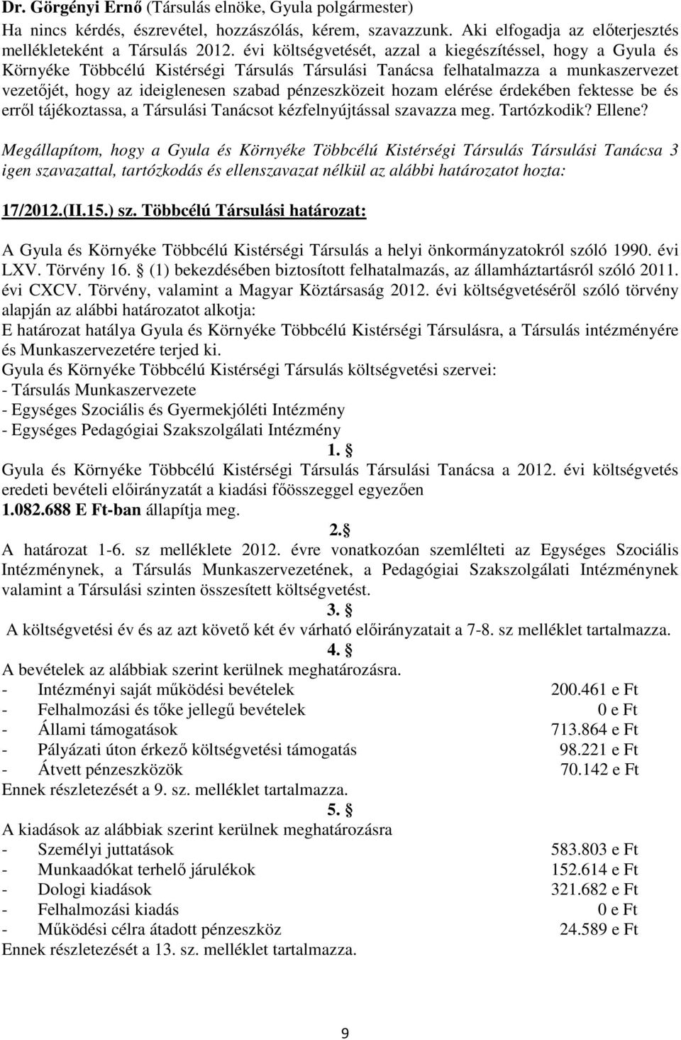 hozam elérése érdekében fektesse be és erről tájékoztassa, a Társulási Tanácsot kézfelnyújtással szavazza meg. Tartózkodik? Ellene?